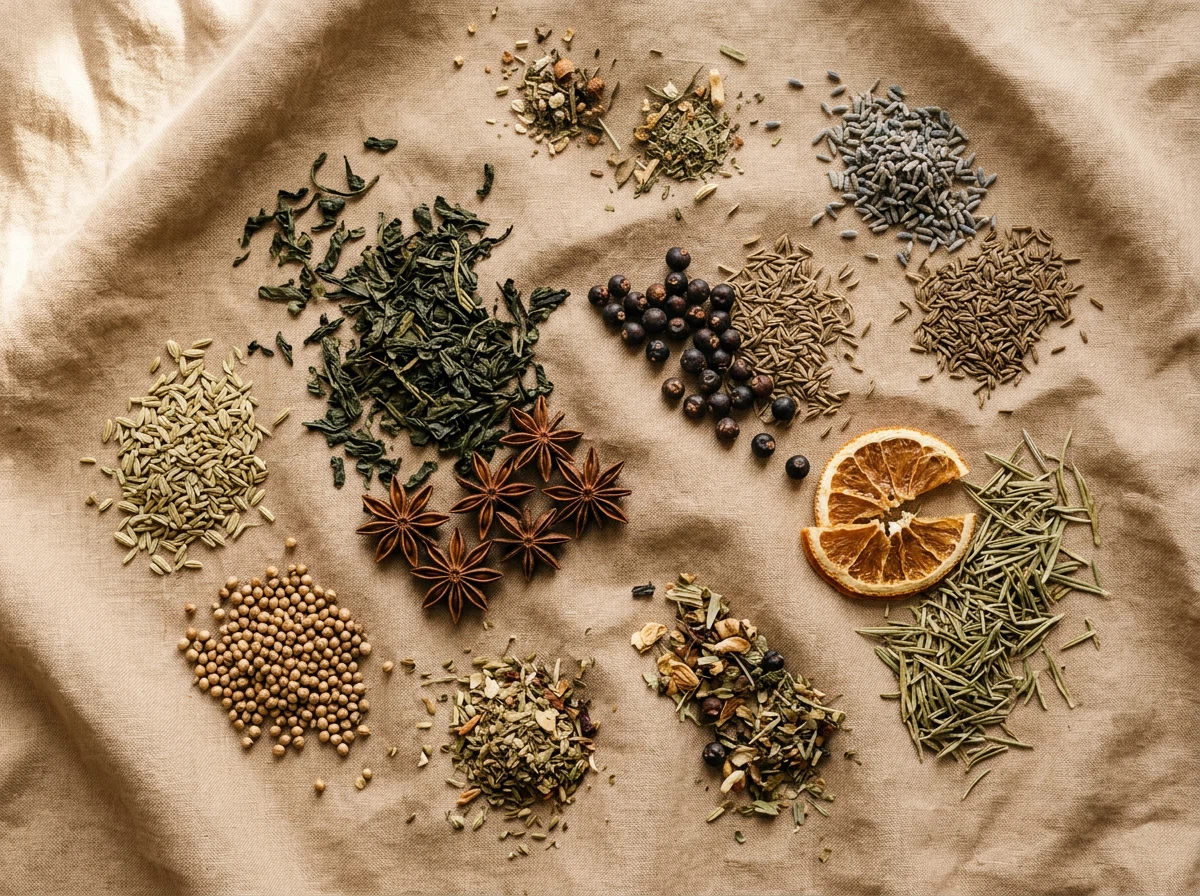 Assorted dried botanicals and nutrient-rich seeds arranged on a linen cloth in soft natural daylight