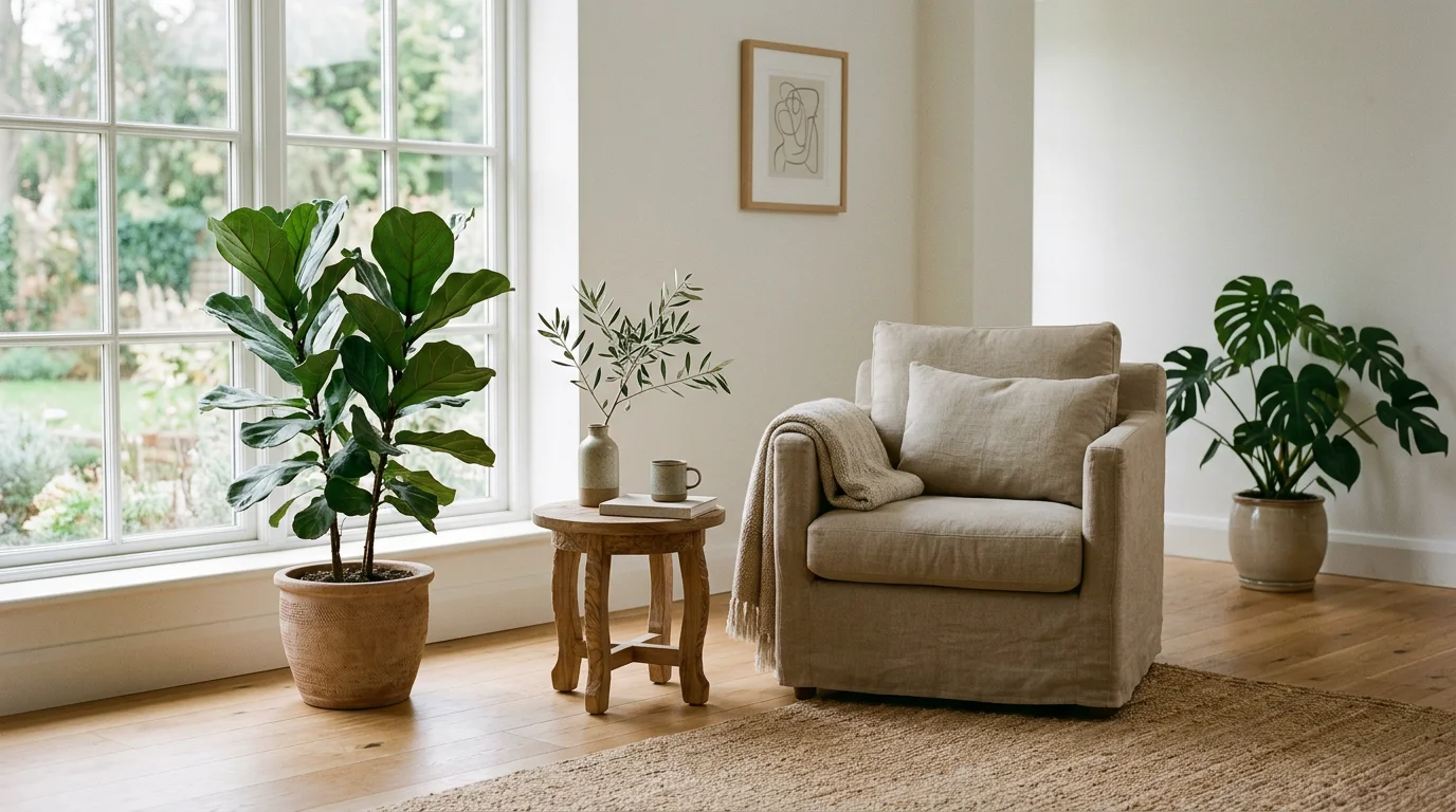 An open notebook with a pen resting on a light wooden desk beside a plant and a warm cup, in natural daylight